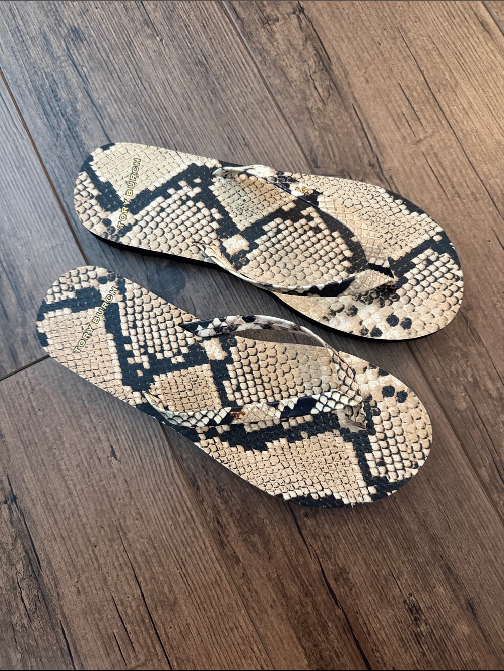 Tory Burch Snake-Print Flip Flops in Beige and Black